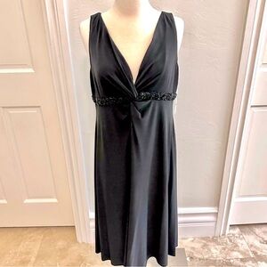 JNY Glamour Nights Front knot v-neck beaded midi black evening dress Size 16 NWT